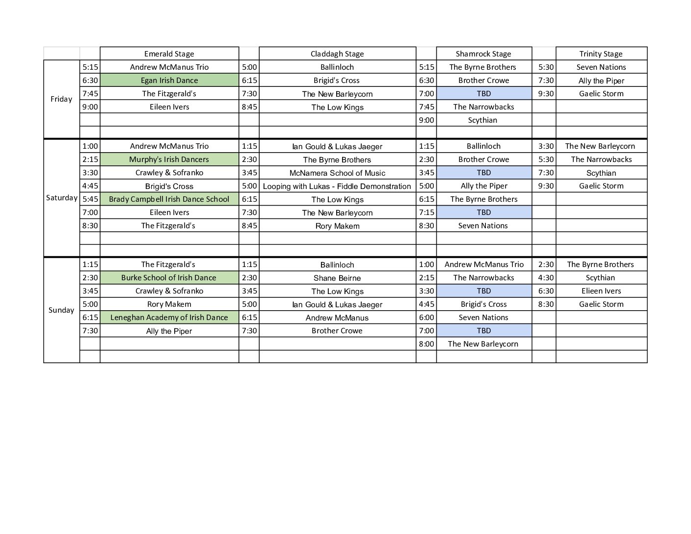 2024 CICF Band Schedule Cleveland Irish Cultural Festival